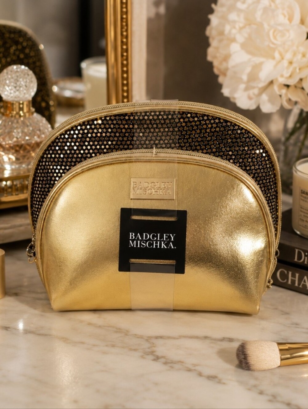 Badgley Mischka 2Pc Gold Cosmetic Bag Set Sequin Makeup Bag Travel Pouch